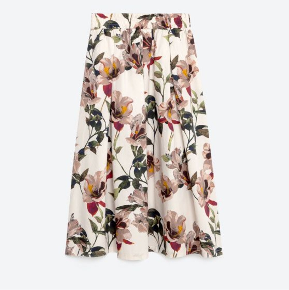 Zara cream floral cotton midi skirt